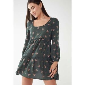 Urban Outfitters Mindy Frock Dress Green Floral Babydoll Tie Sleeve Size Small